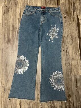 Vintage Azita Beaded Sunflower Bug Flare Jeans Raw Hem Stretch 10